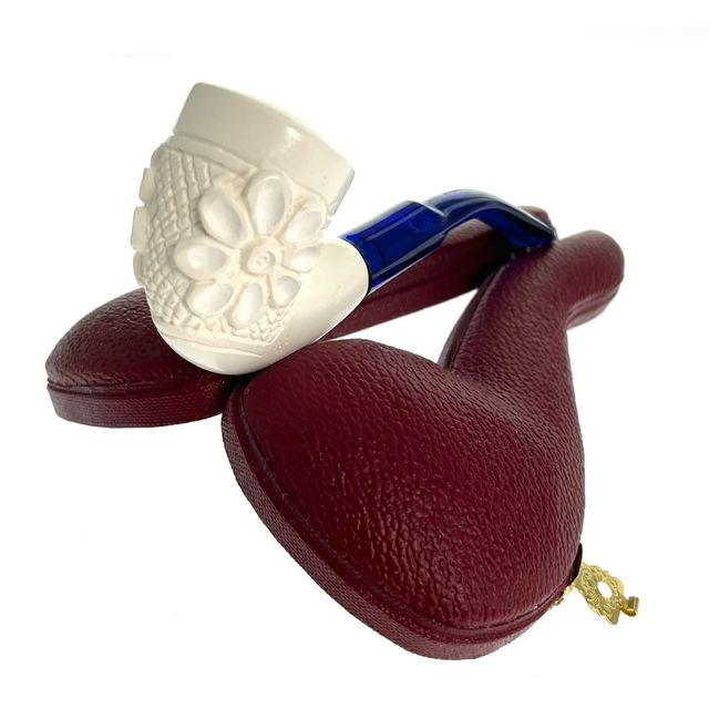 Fancy Floral Art Hand Carved Mini Meerschaum Block Meerschaum Pipe with Custom Leather Case 1 Count